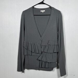 Garnet Hill Women's Gray Wool Asymmetric Ruffle Cardigan Size M Fall Career Cozy